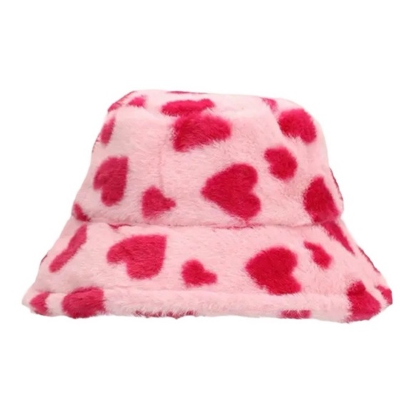 NEW Plush Faux Fur Bucket Hat Pink Heart Print Y2K - Picture 4 of 4
